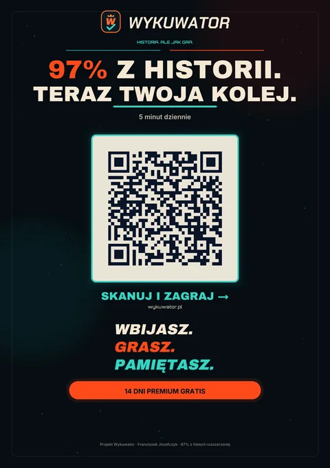 Plakat A4 Wykuwator do gablotki szkolnej - 97% z historii, kod QR do aplikacji, 14 dni Premium gratis